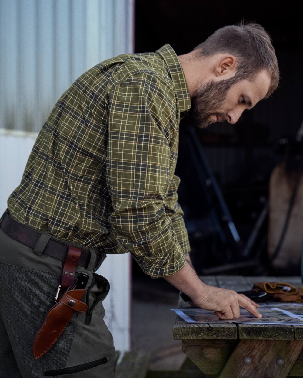 Burnt Olive Coloured Seeland Highseat Shirt on outdoor background 