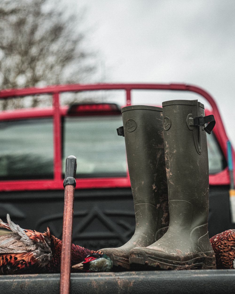 Pine Green Coloured Seeland Hillside Enforced Wellingtons on outdoor background 