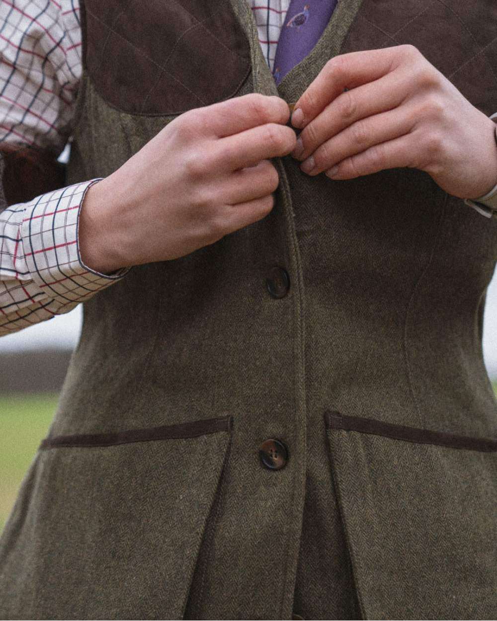 Moss Green Coloured Seeland Hillside Harriet Waistcoat on outdoor background 