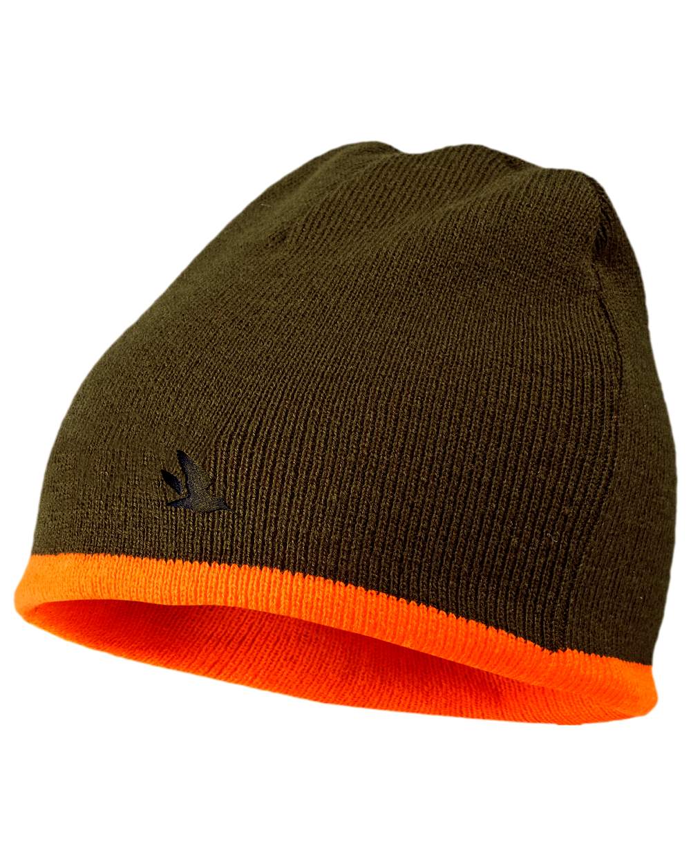 Hi-Vis Orange Pine Green Coloured Seeland Ian Reversible Beanie Hat on white background 