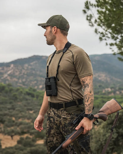 Covert Green Coloured Seeland Mens Apex Merino T-Shirt on mountain background 