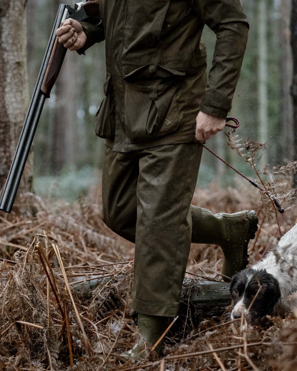 Shaded Olive coloured Seeland Mens Buckthorn Duro Treggings on forest background 