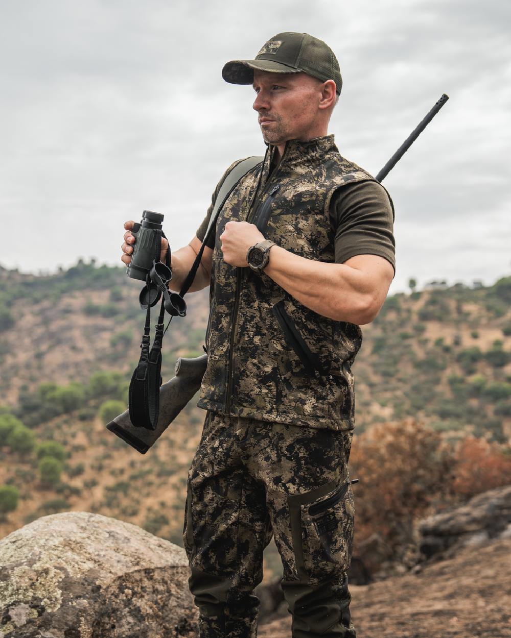 InVis MPC Green Coloured Seeland Mens Chaser Aero Camo Waistcoat on mountain background 