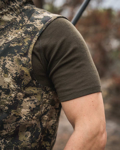 InVis MPC Green Coloured Seeland Mens Chaser Aero Camo Waistcoat on mountain background 