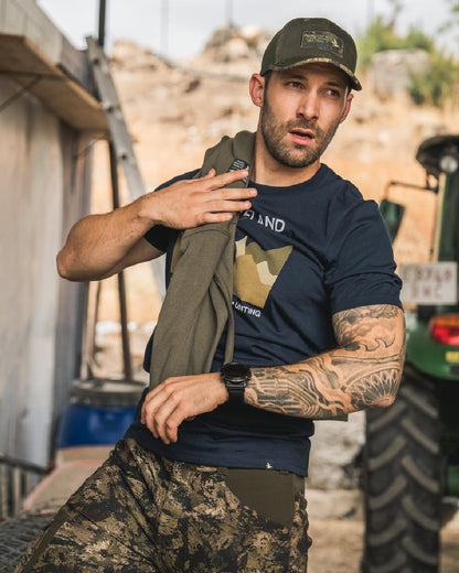 Dark Blue Coloured Seeland Mens Fragment T-Shirt on workshop background 
