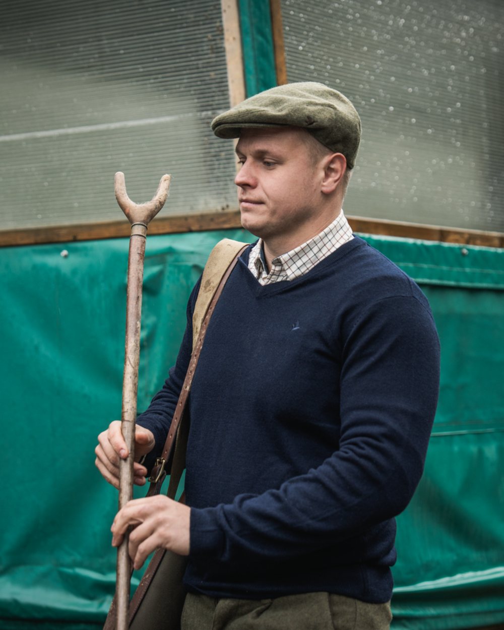 Dark Sapphire Coloured Seeland Mens Pine V-Neck Pullover on outdoor background 