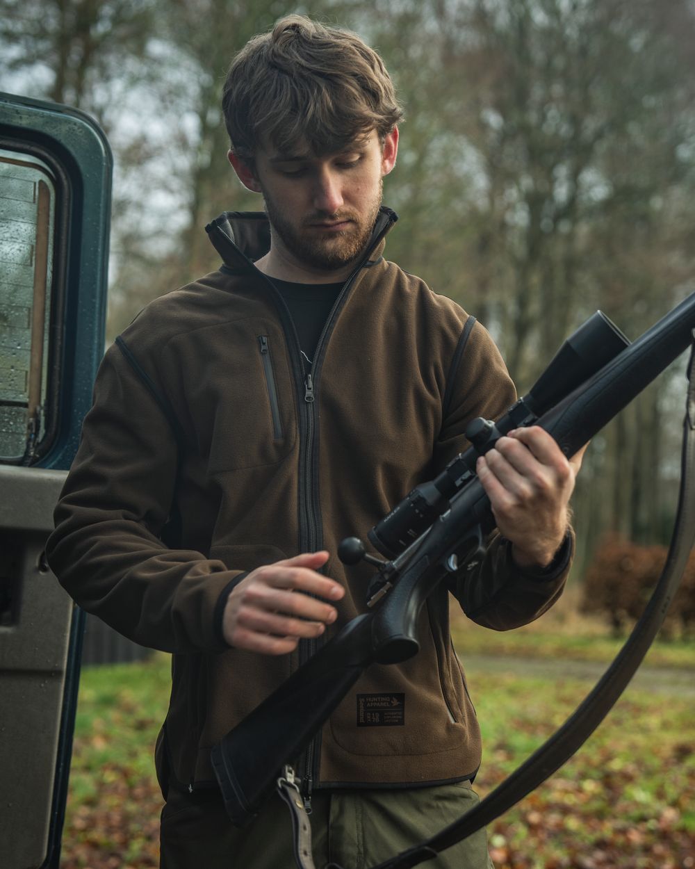 Grizzly Brown Demitasse Brown Coloured Seeland Mens Rogue Solid Reversible Fleece Jacket on forest background 