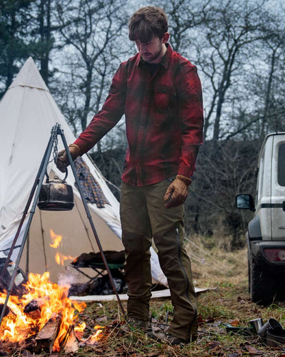 Pine Green Grizzly Brown coloured Seeland Mens Spruce Membrane Trousers on forest background 