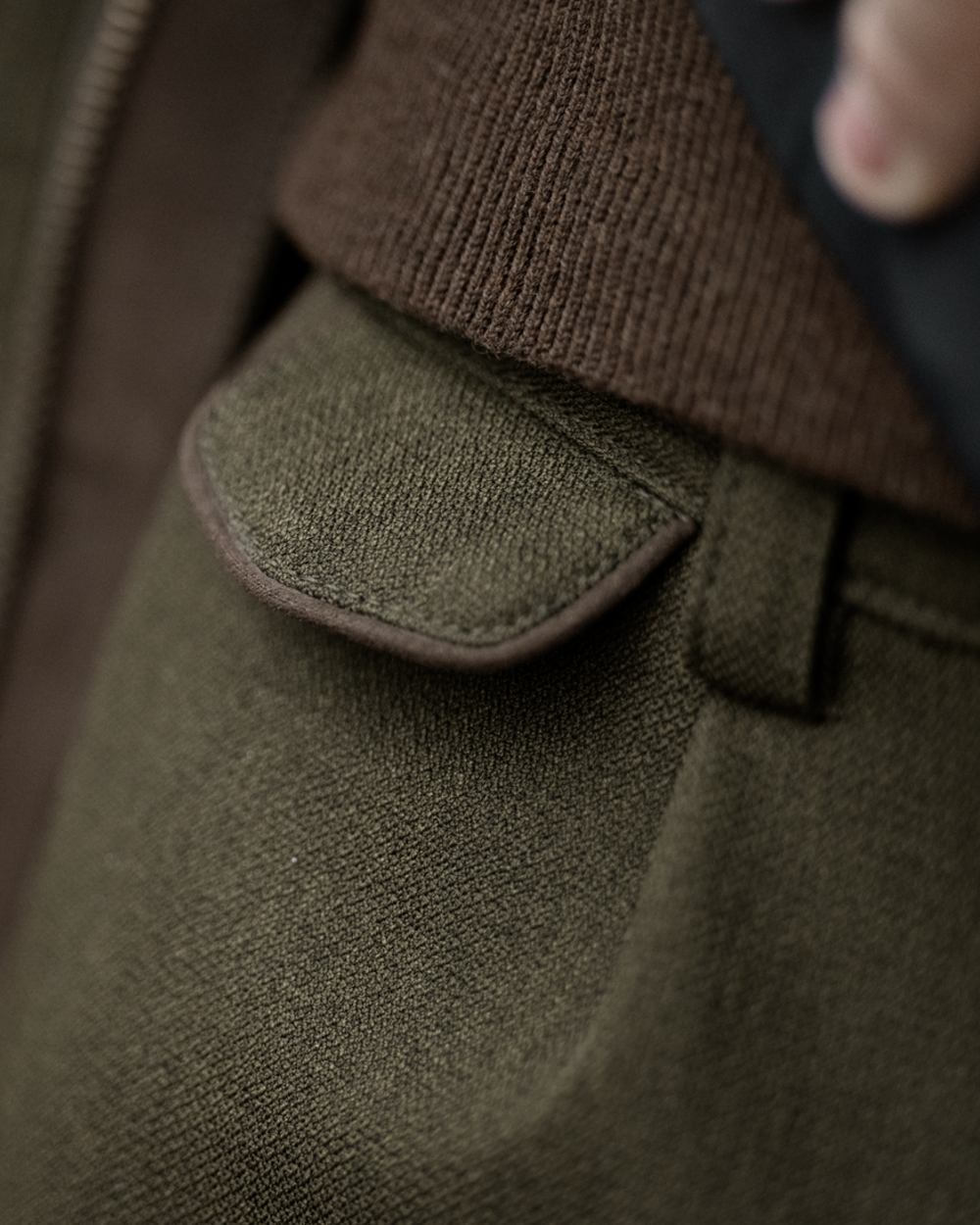 Shaded Olive coloured Seeland Mens Woodcock Royale Breeks on forest background 