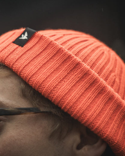 Orange Blaze Coloured Seeland Norite Beanie On A forest Background 