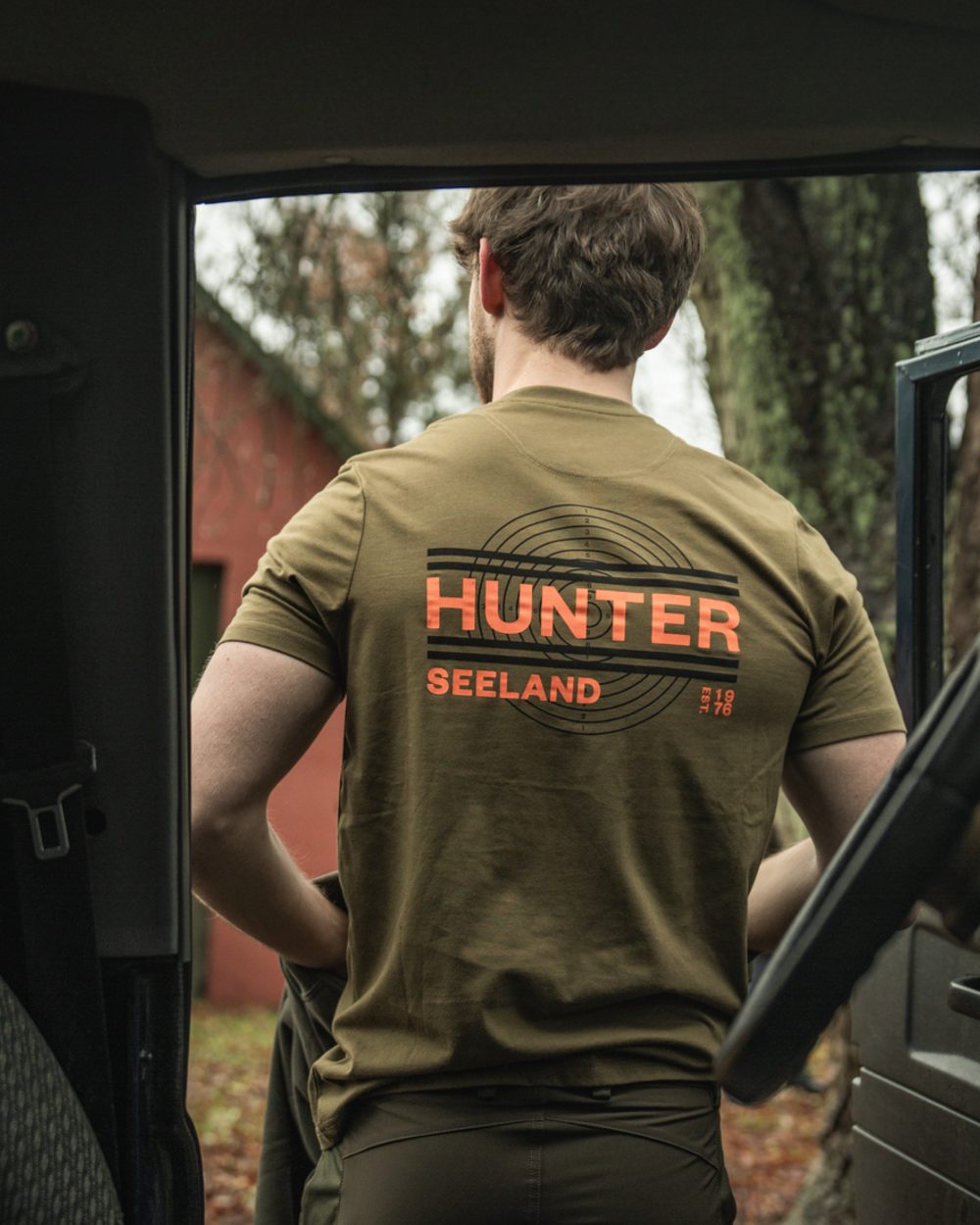 Military Olive Coloured Seeland On Point T-Shirt on outdoor background 