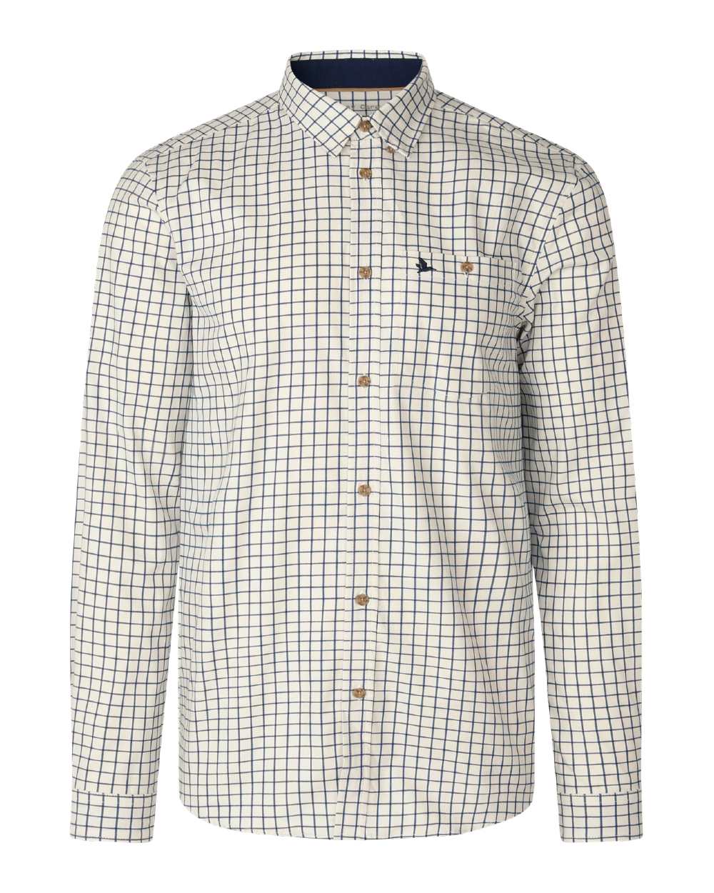 A long-sleeve button-down shirt with a white base and a fine green windowpane check pattern, featuring brown buttons and a small embroidered logo on the chest pocket. 