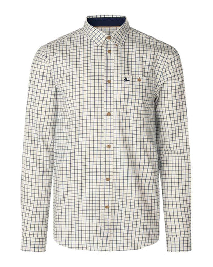 A long-sleeve button-down shirt with a white base and a fine green windowpane check pattern, featuring brown buttons and a small embroidered logo on the chest pocket. 