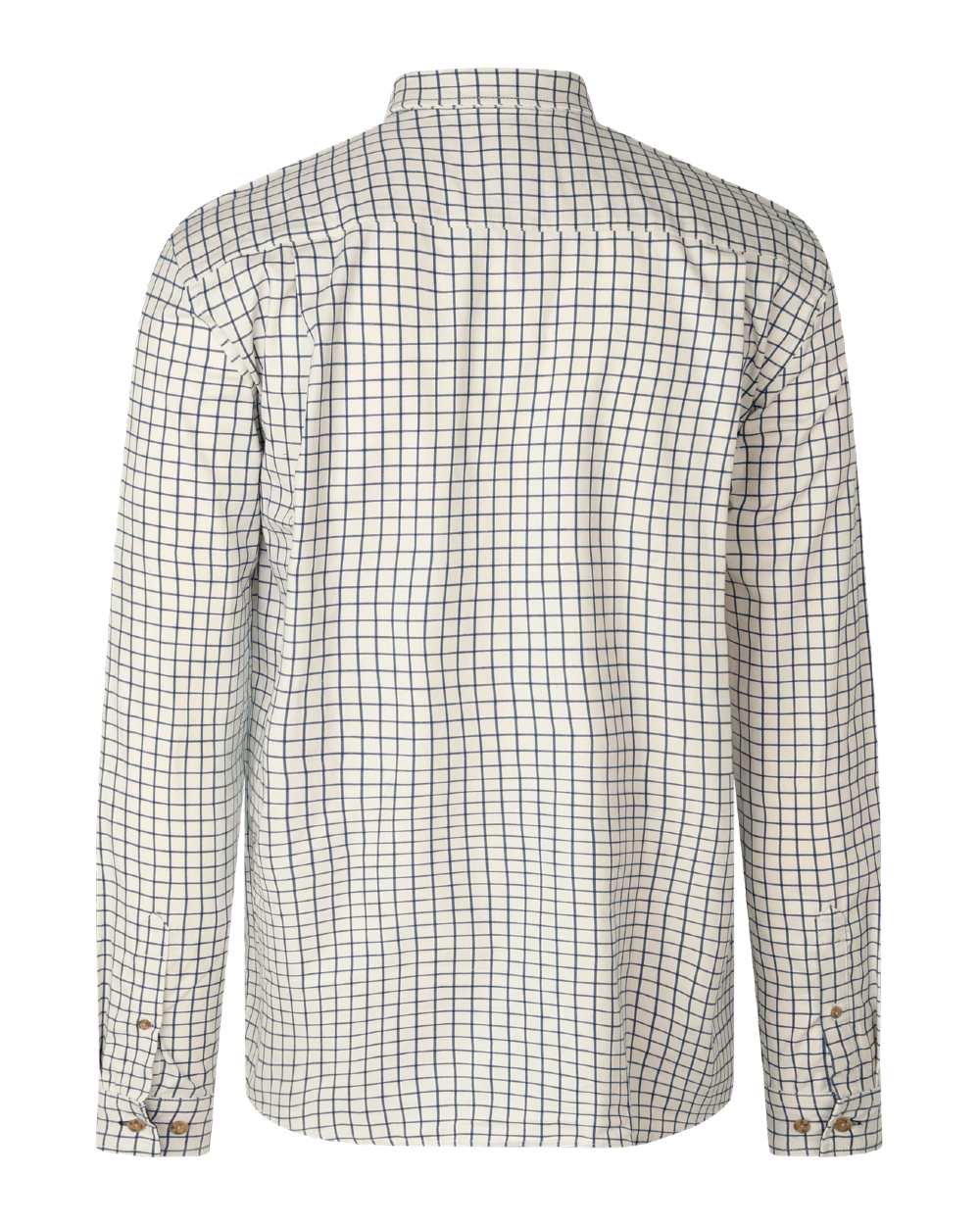 A long-sleeve button-up shirt with a white base and a fine blue windowpane check pattern, shown from the back on a white background. 