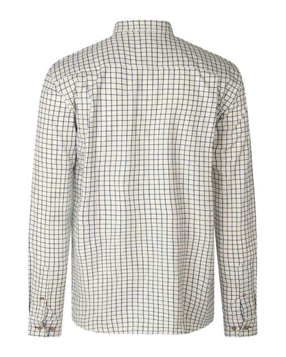 A long-sleeve button-up shirt with a white base and a fine blue windowpane check pattern, shown from the back on a white background. 