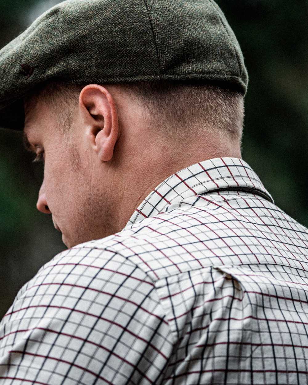 Grape Leaf Terracotta Check Coloured Seeland Oxford Shooting Shirt on outdoor background 
