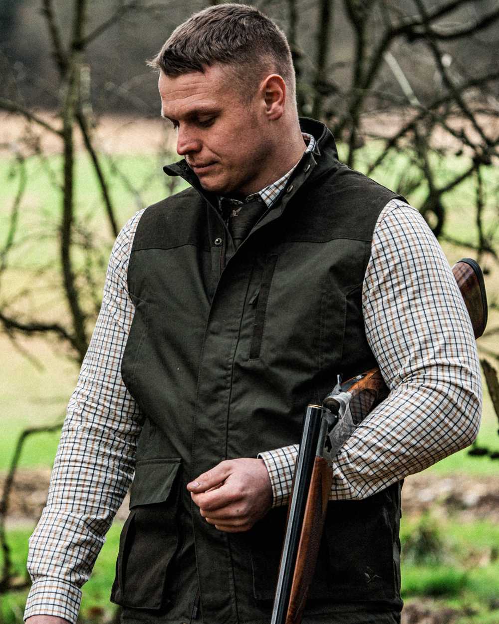 Grape Leaf Terracotta Check Coloured Seeland Oxford Shooting Shirt on outdoor background 