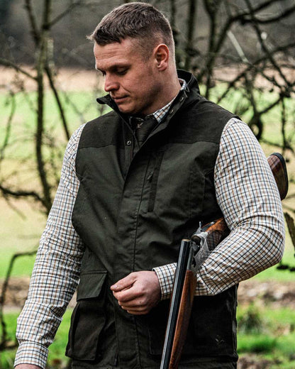 Grape Leaf Terracotta Check Coloured Seeland Oxford Shooting Shirt on outdoor background 