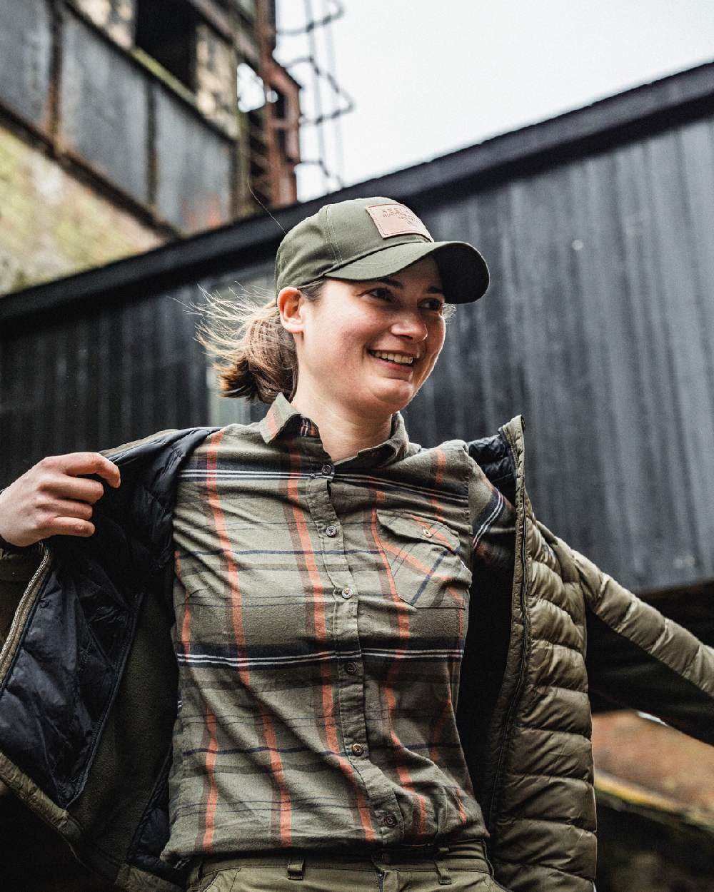 Grape Leaf Terracotta Check Coloured Seeland Skye Flannel Shirt on outdoor background 