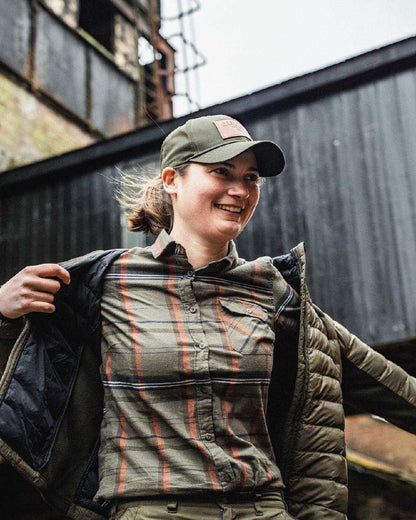 Grape Leaf Terracotta Check Coloured Seeland Skye Flannel Shirt on outdoor background 