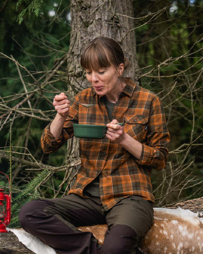 Grizzly Brown Terracotta Check Coloured Seeland Skye Flannel Shirt on outdoor background 