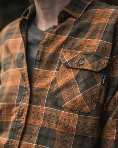 Grizzly Brown Terracotta Check Coloured Seeland Skye Flannel Shirt on outdoor background 