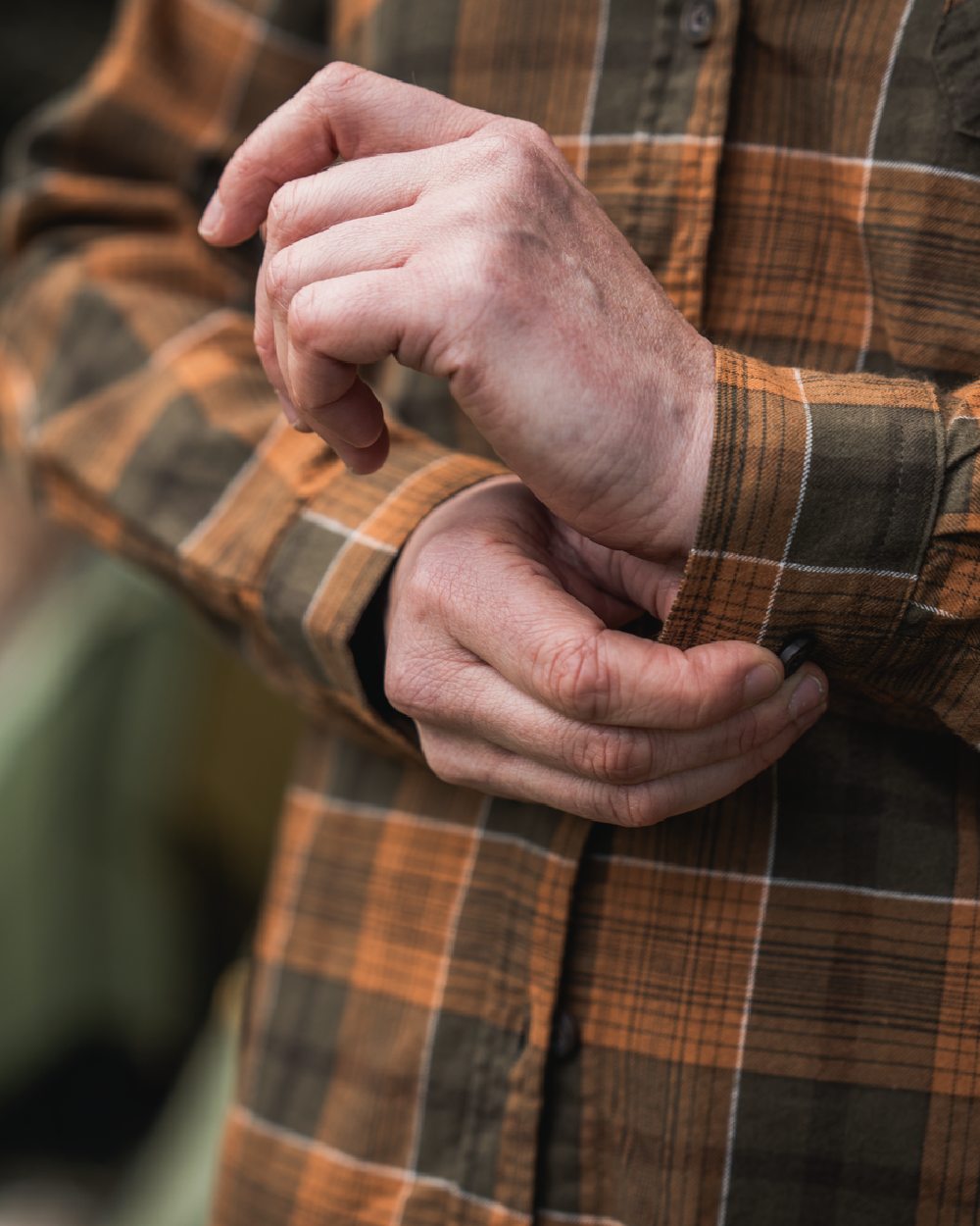Grizzly Brown Terracotta Check Coloured Seeland Skye Flannel Shirt on outdoor background 