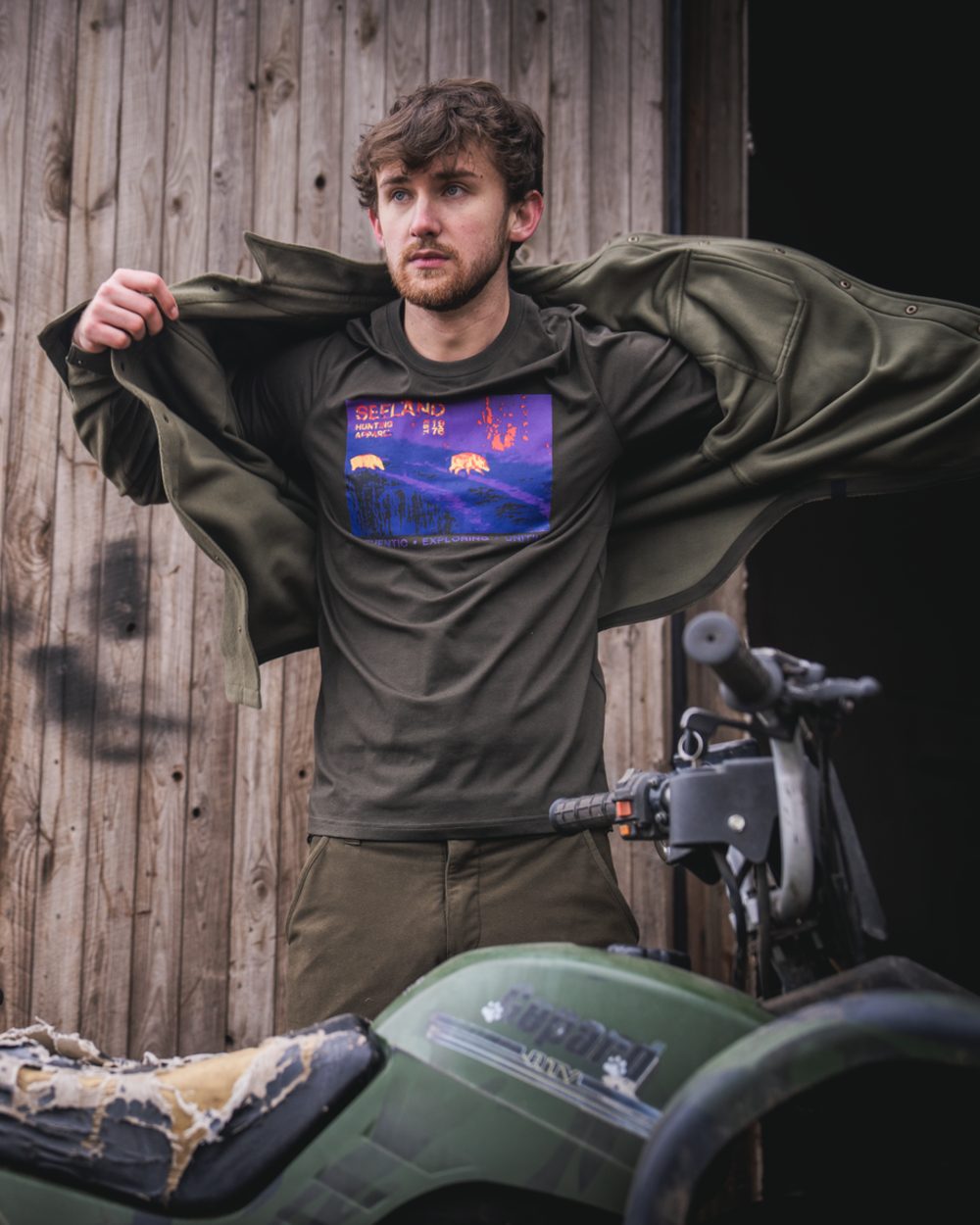 Pine Green Coloured Seeland Thermal T-Shirt on outdoor background 
