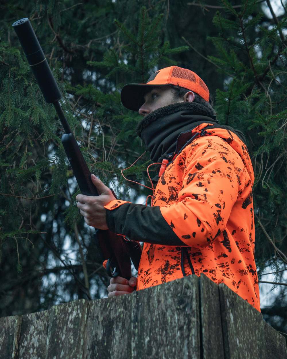 Orange Blaze InVis MPC coloured Seeland Trax Blaze Jacket on forest background 