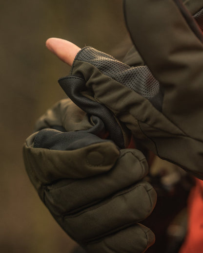 Pine Green coloured Seeland Trigger Fold-Back Gloves on forest background 