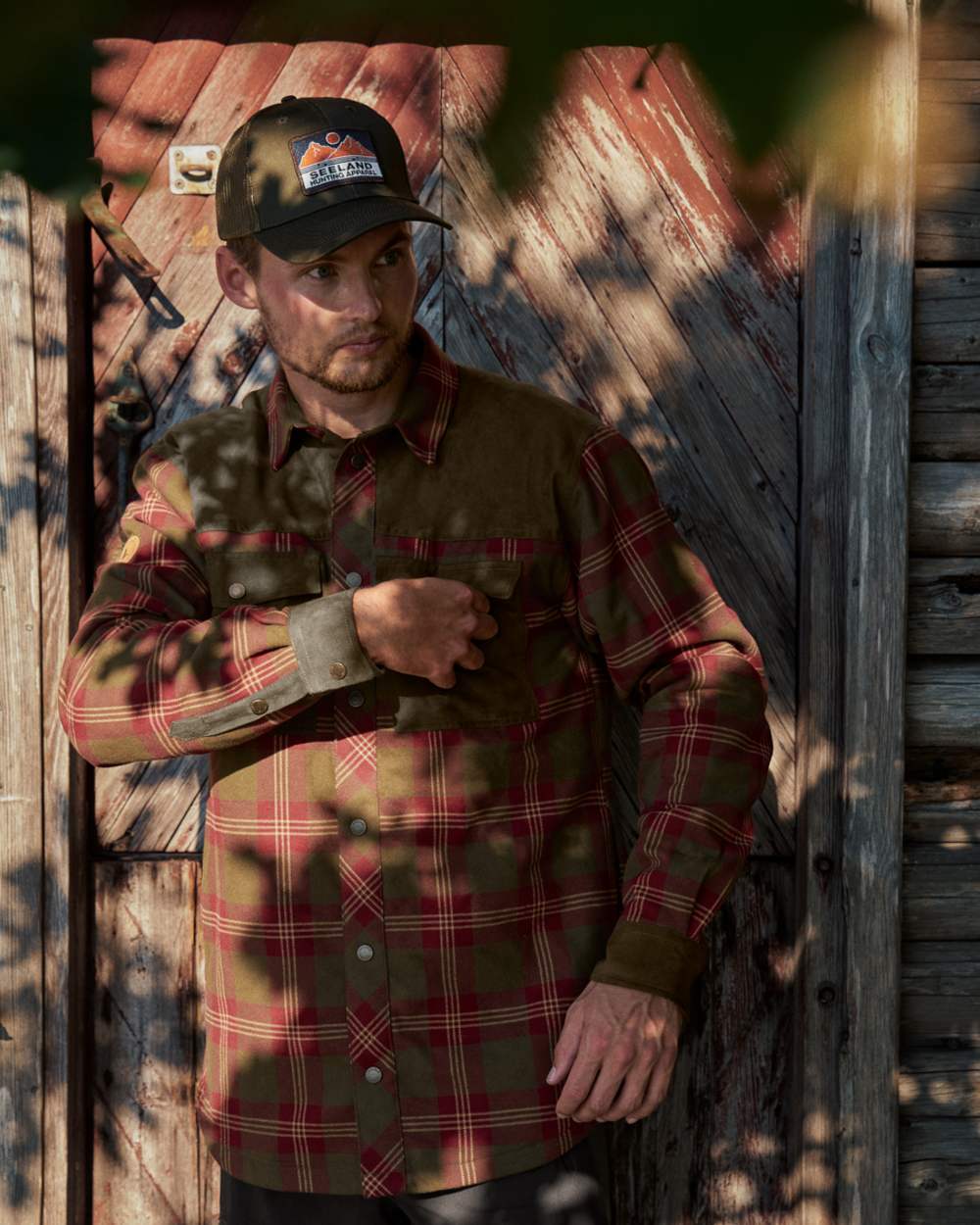 Red Check Coloured Seeland Vancouver Shirt on outdoor background 