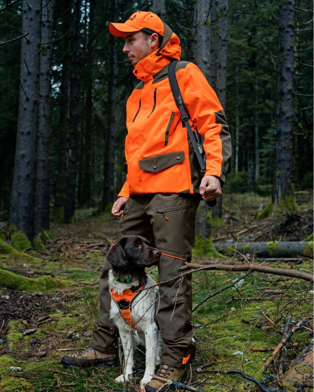Pine Green Hi-Vis Orange Coloured Seeland Venture Rover Jacket on forest background 