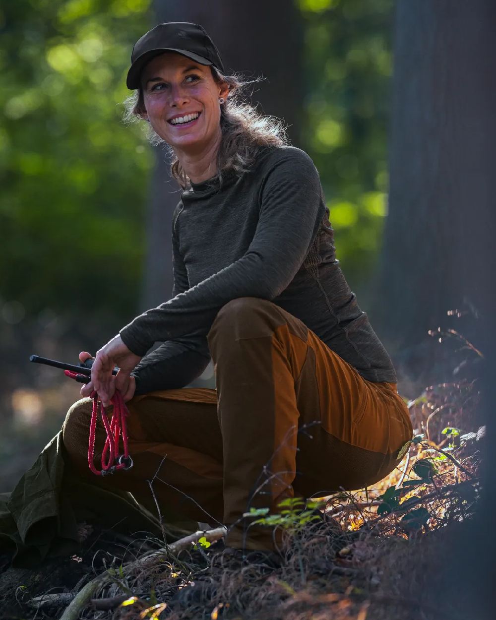 Pine Green Coloured Seeland Womens Active Long Sleeve T-Shirt on forest background 