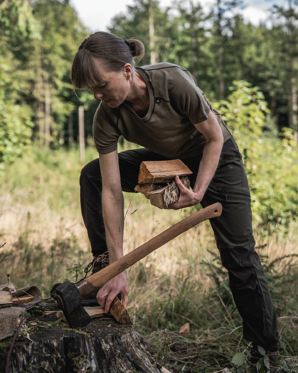 Covert Green Coloured Seeland Womens Apex Aia Merino T-shirt on outdoor background
