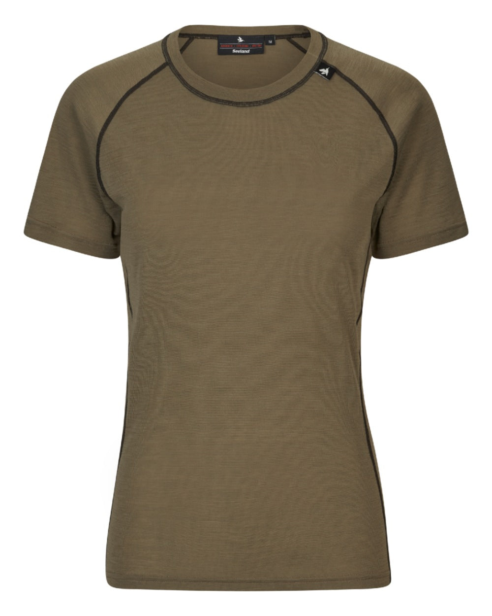 Covert Green Coloured Seeland Womens Apex Aia Merino T-shirt on white background
