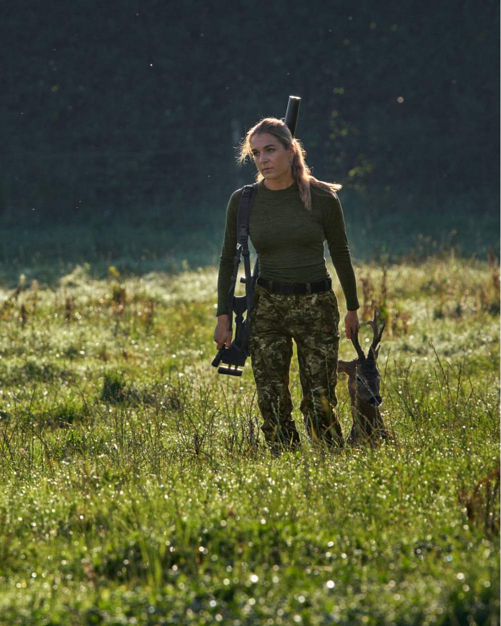 InVis MPC Green Coloured Seeland Womens Avail Camo Trousers on forest background 