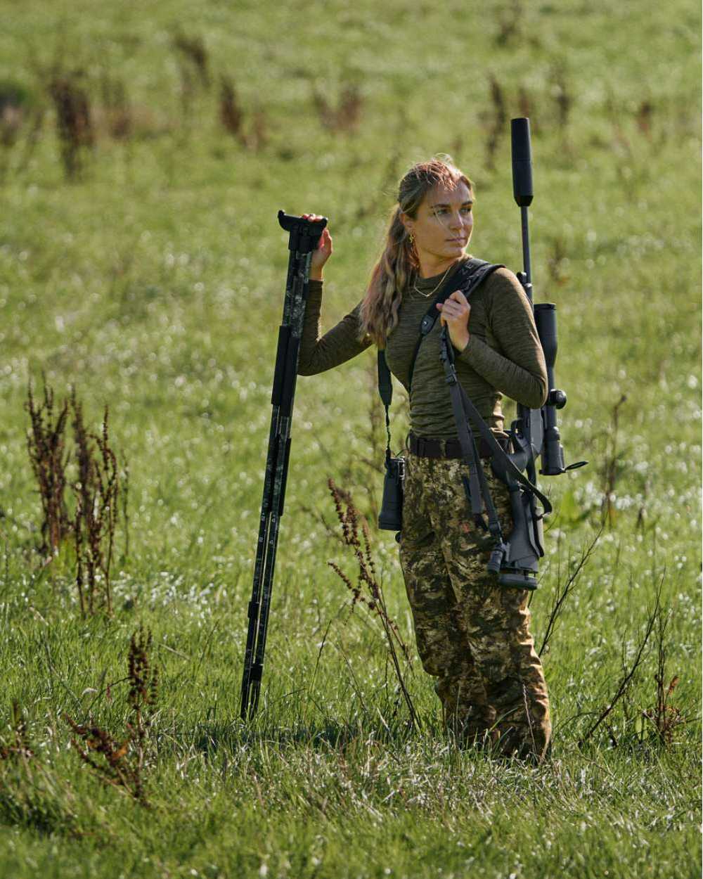 InVis MPC Green Coloured Seeland Womens Avail Camo Trousers on forest background 