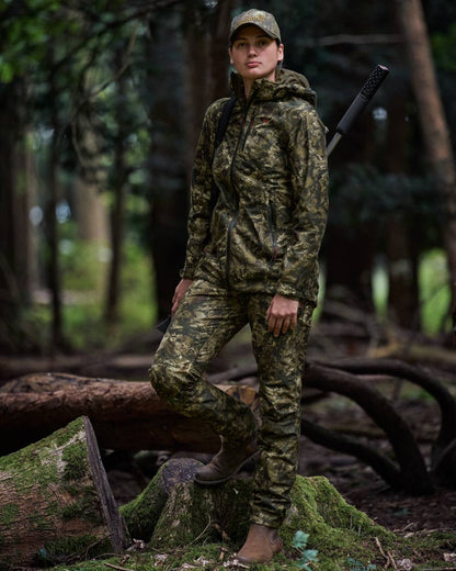 InVis MPC Green Coloured Seeland Womens Avail Camo Trousers on forest background 