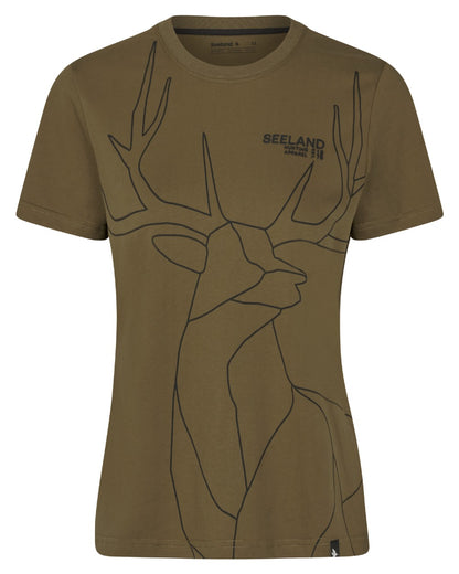 Military Olive Coloured Seeland Womens Deer On Line T-Shirt on white background 