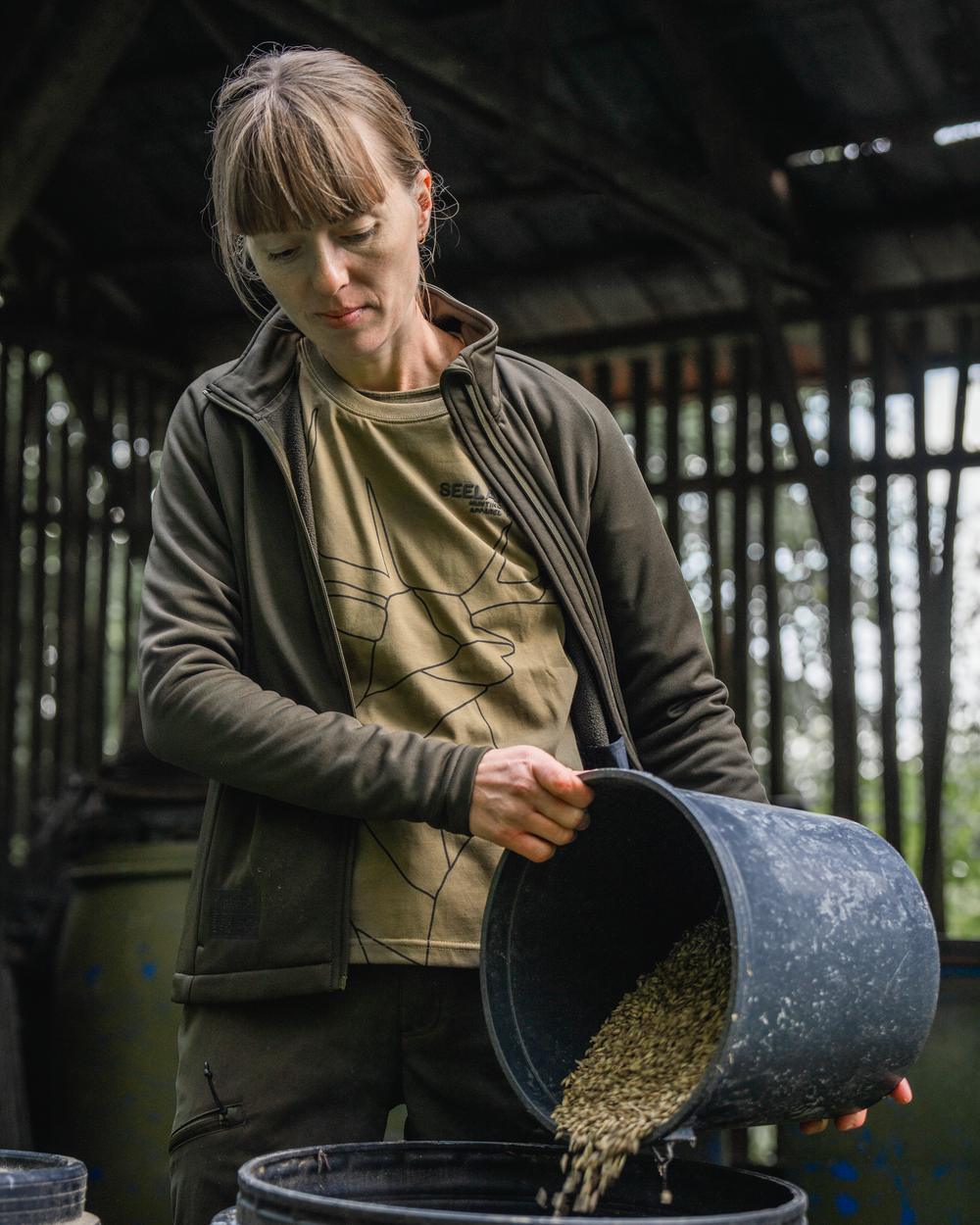 Military Olive Coloured Seeland Womens Deer On Line T-Shirt on outdoor background 