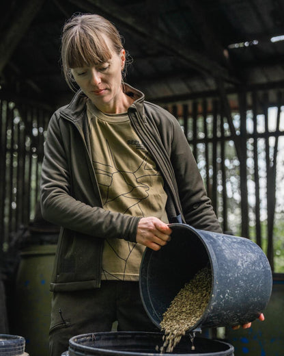 Military Olive Coloured Seeland Womens Deer On Line T-Shirt on outdoor background 