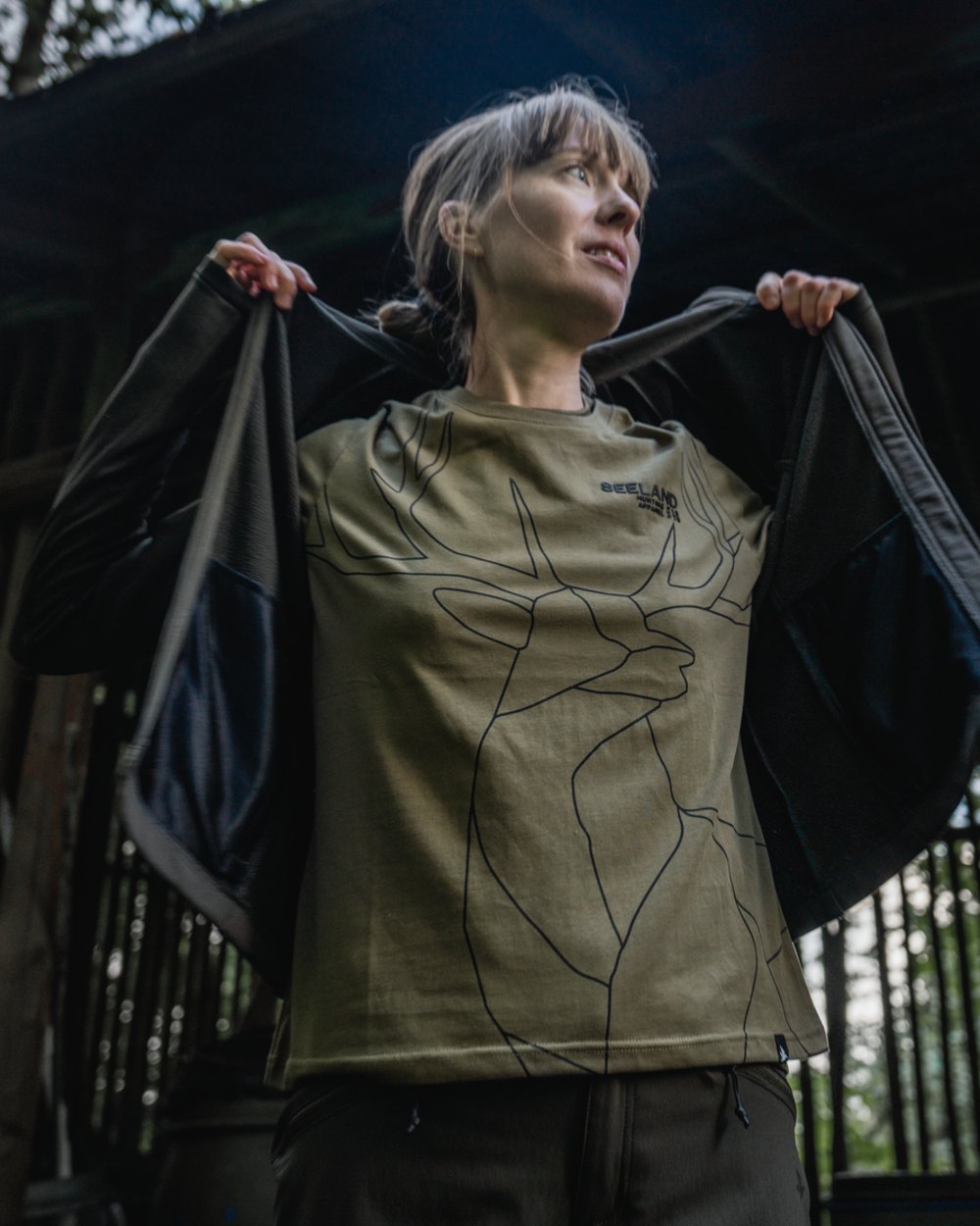 Military Olive Coloured Seeland Womens Deer On Line T-Shirt on outdoor background 