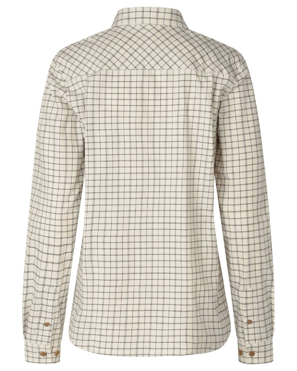 A long-sleeve button-up shirt with a beige and brown windowpane plaid pattern, shown from the back on a white background. 