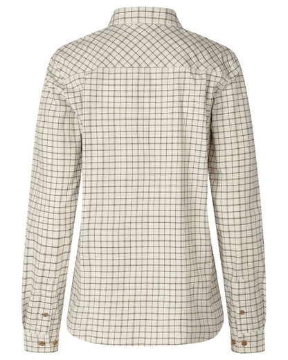 A long-sleeve button-up shirt with a beige and brown windowpane plaid pattern, shown from the back on a white background. 