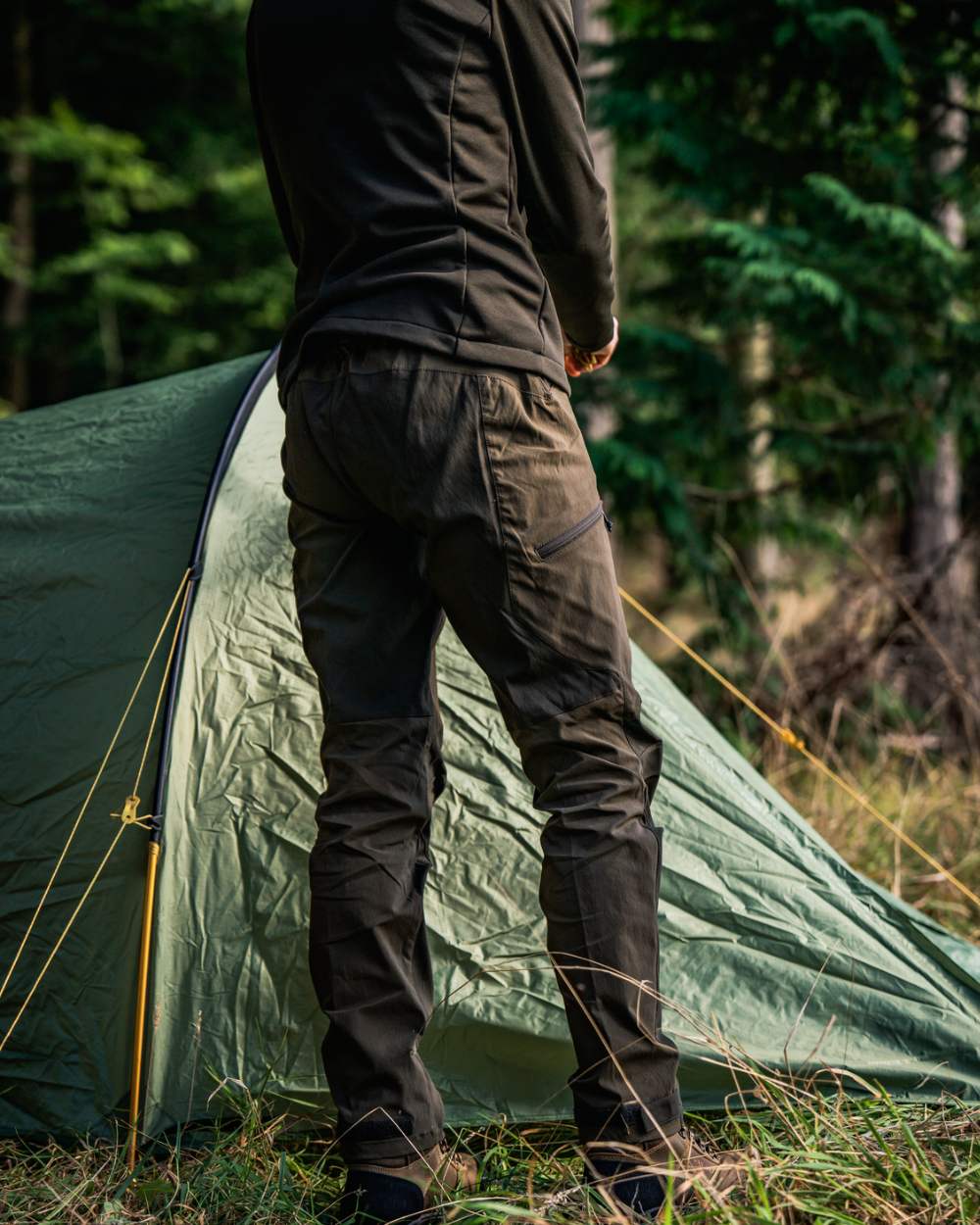 Pine Green Chocolate Torte coloured Seeland Womens Larch Stretch Trousers on forest background 