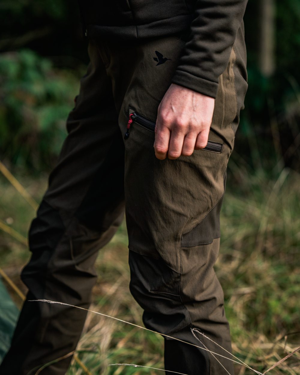 Pine Green Chocolate Torte coloured Seeland Womens Larch Stretch Trousers on forest background 