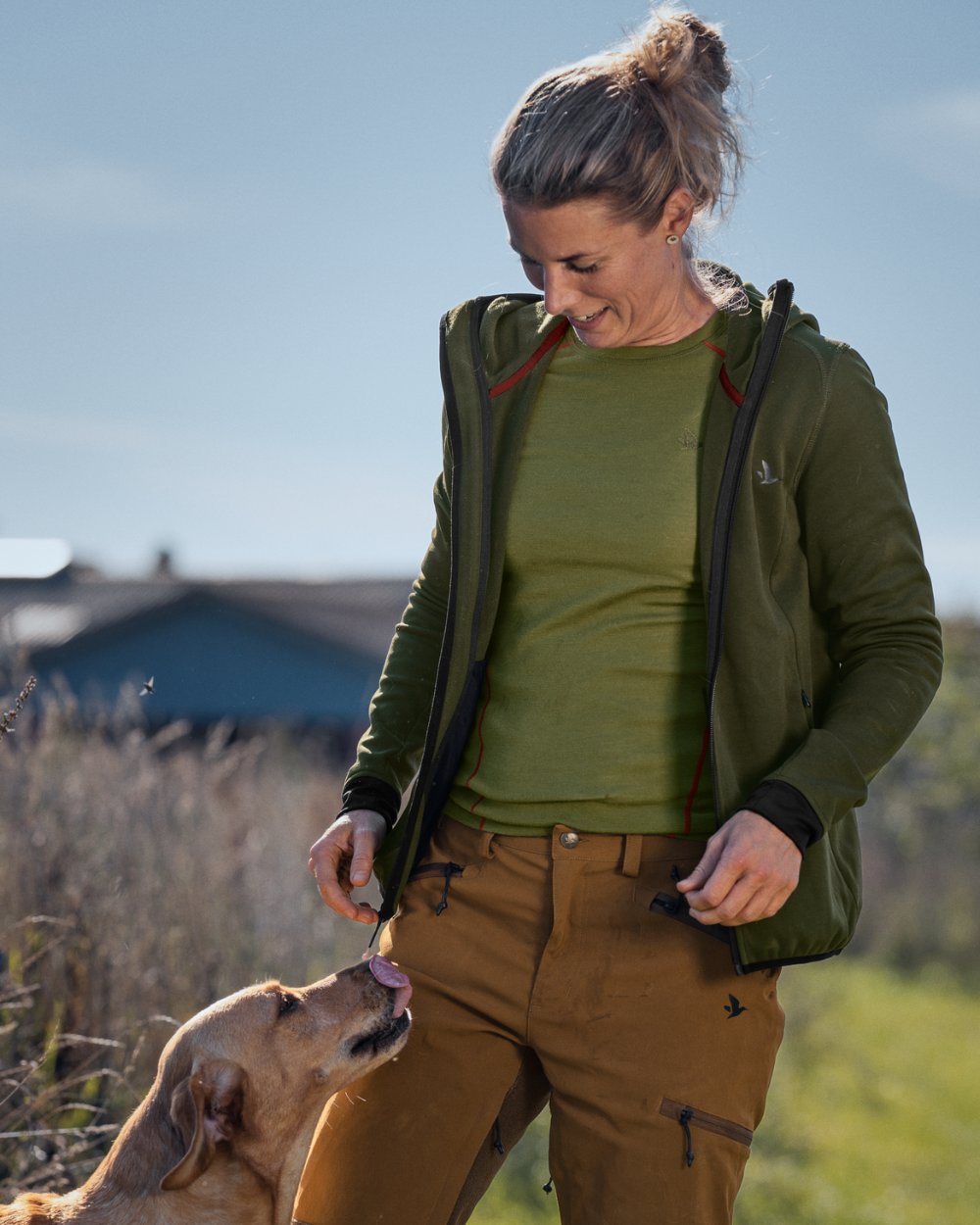 Pine Green Coloured Seeland Womens Power Fleece Jacket on farm background 