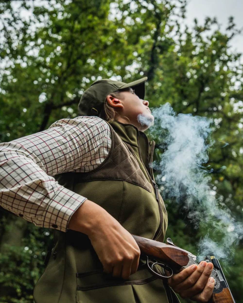 Light Pine Coloured Seeland Womens Wenlock Faye Waistcoat on forest background 