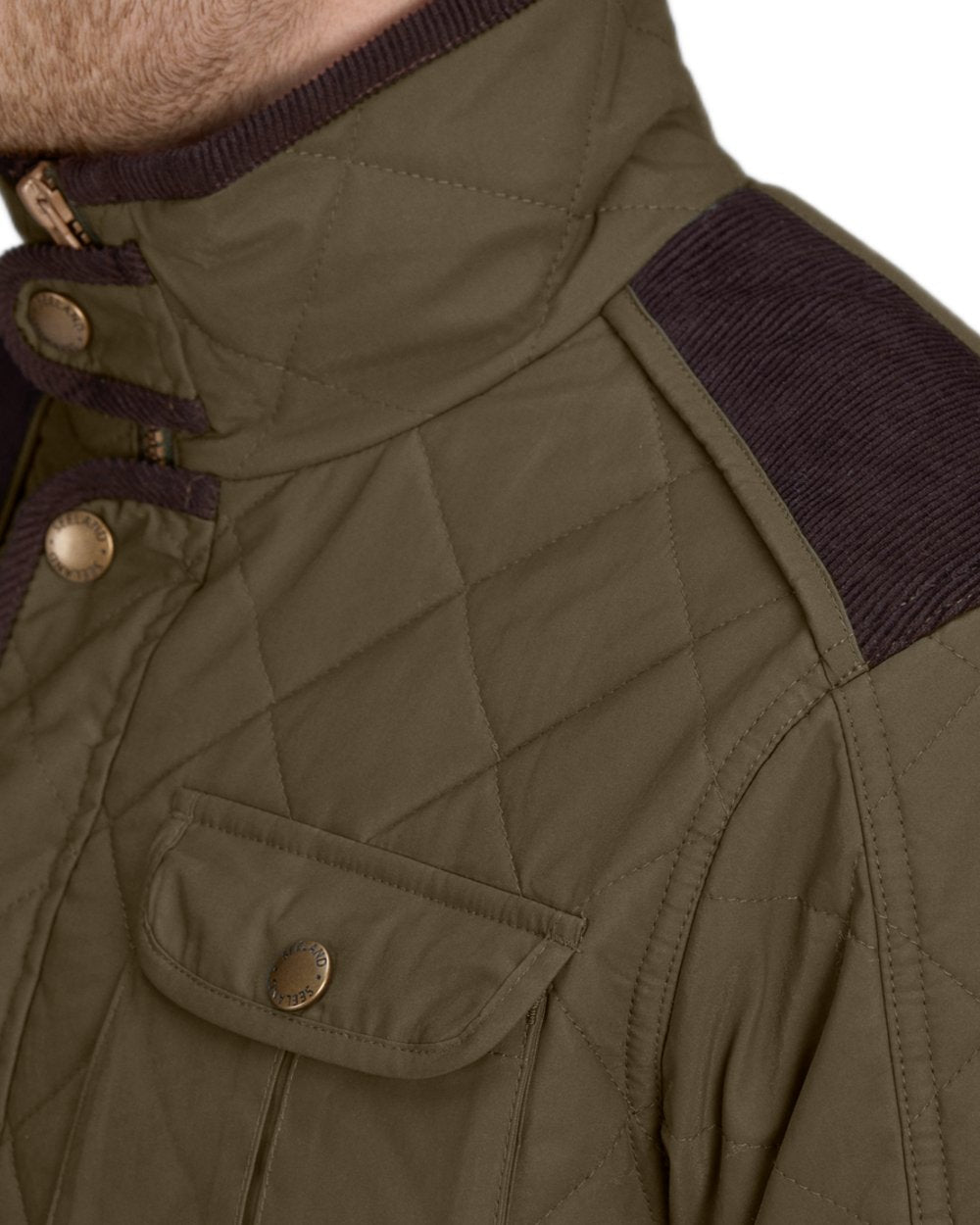 Shaded Olive Coloured Seeland Woodcock Advanced Quilted Jacket on White background 
