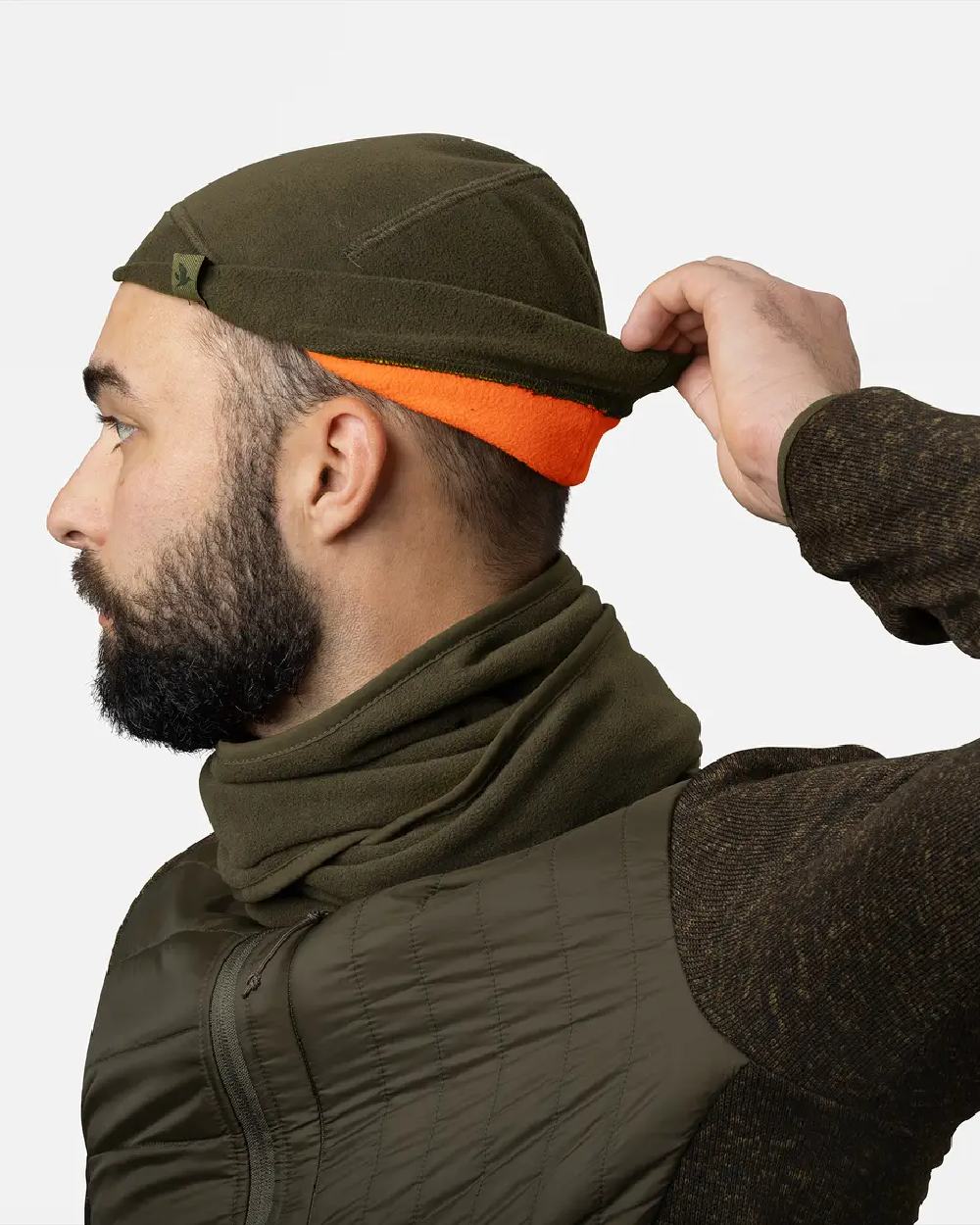 Seeland Reversible Fleece Hat in Pine Green/Hi-Vis Orange